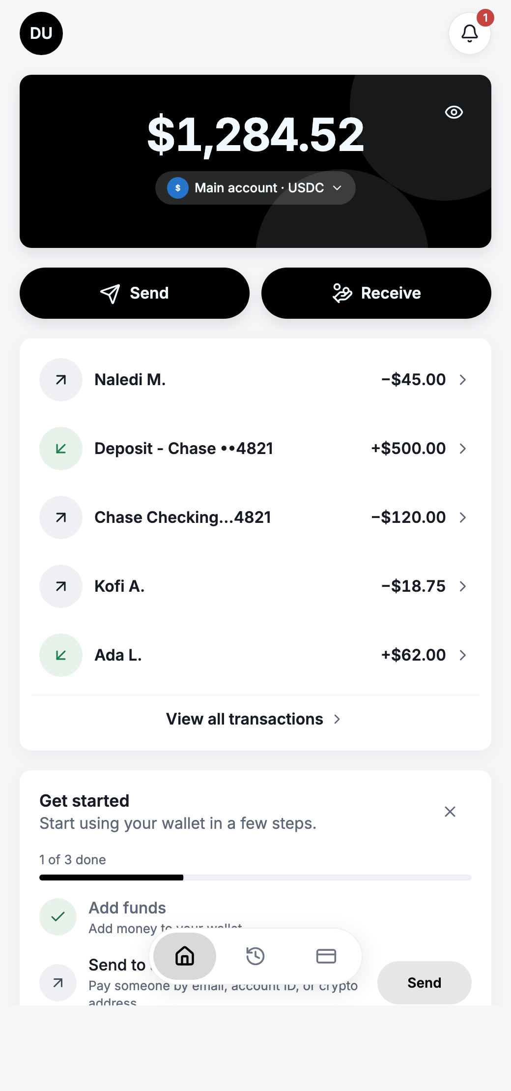 Rehive wallet home screen